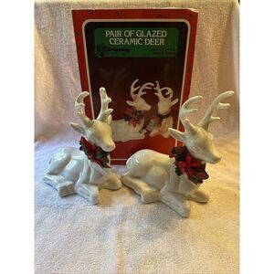 Pair of  White Glazed‎ Ceramic Deer- Christmas Around the World / #54-630